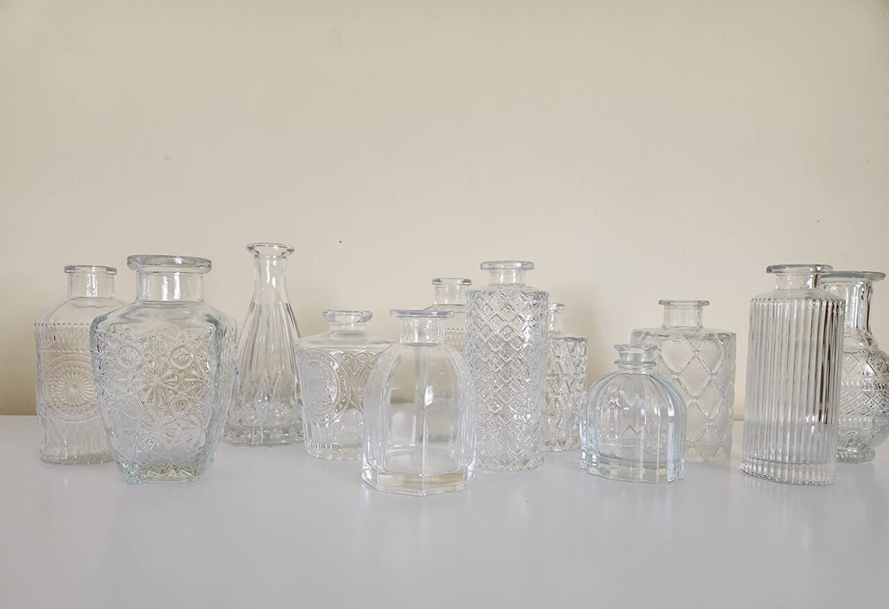 Glass Bud Vases Set of 12 – Mini Vintage Clear Vases for Wedding Centerpieces and Home Decor